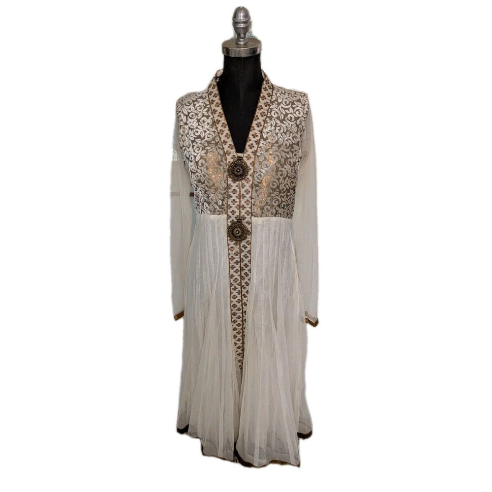 Beautiful Anarkali Style Tulle Dress Gown Ivory W/ Gold Trim Boho Renfest Medium